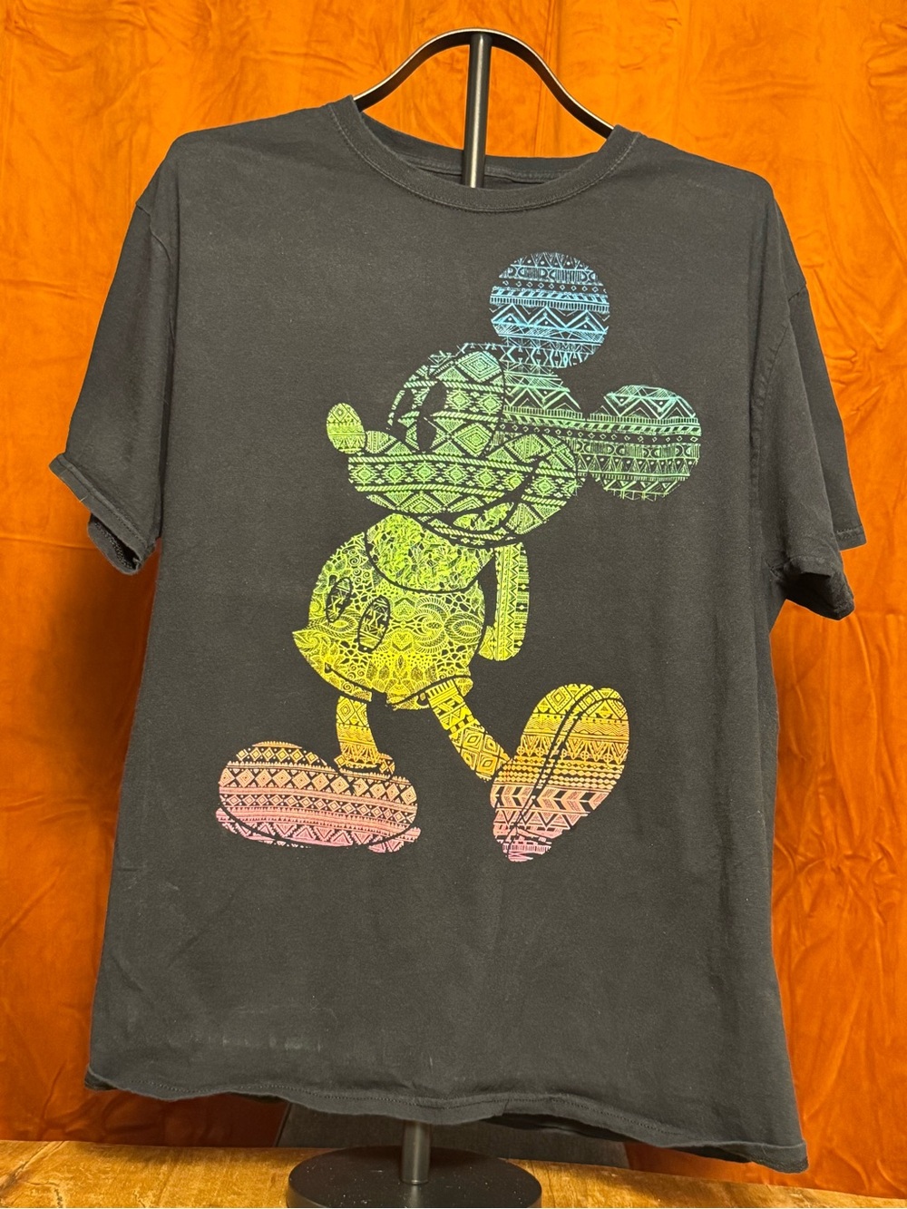Black Graphic Mickey Mouse T-Shirt with Rainbow Pattern Adult Large